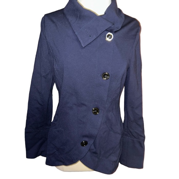 New White House black market navy button front knit lounge jacket size 4 stretch - Picture 3 of 6